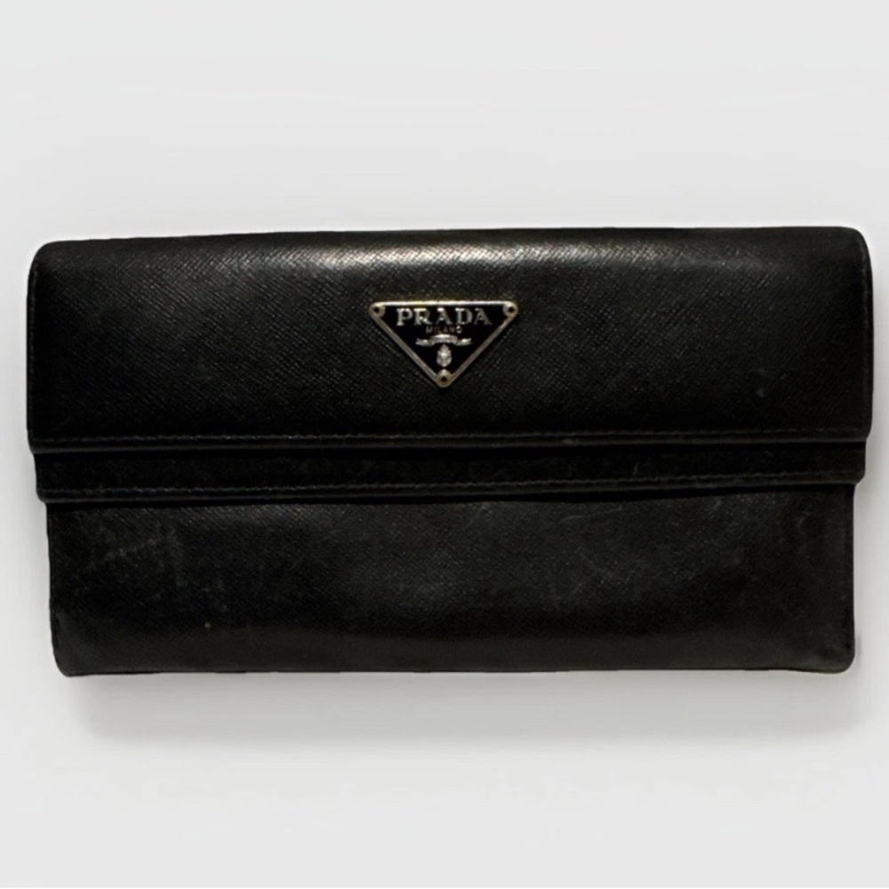 PRADA Black Leather Saffiano Flap Continental Wallet
